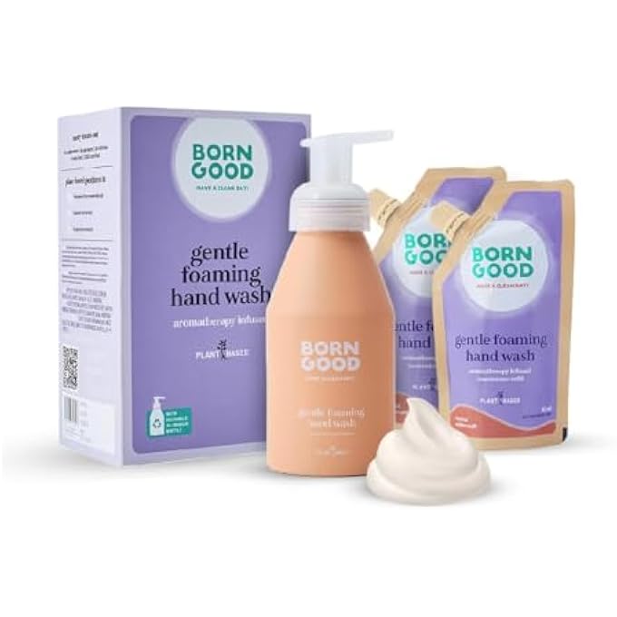 Born Good CONCENTRATED GENTLE FOAMING HAND WASH KIT, AROMATHERAPY INFUSED, BIOBASED, NON-TOXIC, FOR SENSITIVE SKIN, MYSTICAL ARABIAN OUDH SCENT, 50ML, PACK OF 2 REFILLS + 1 EMPTY ALUMINUM BOTTLE - Image 1